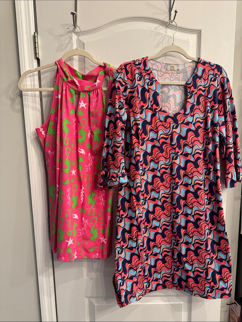 Katherine Way: Bright Pink & Green Seascape Top + Pink Blue Wave Dress